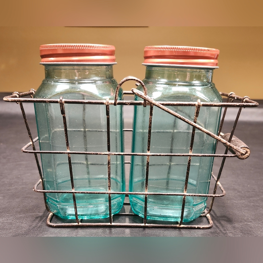 Vintage Glass Jars with Metal Basket